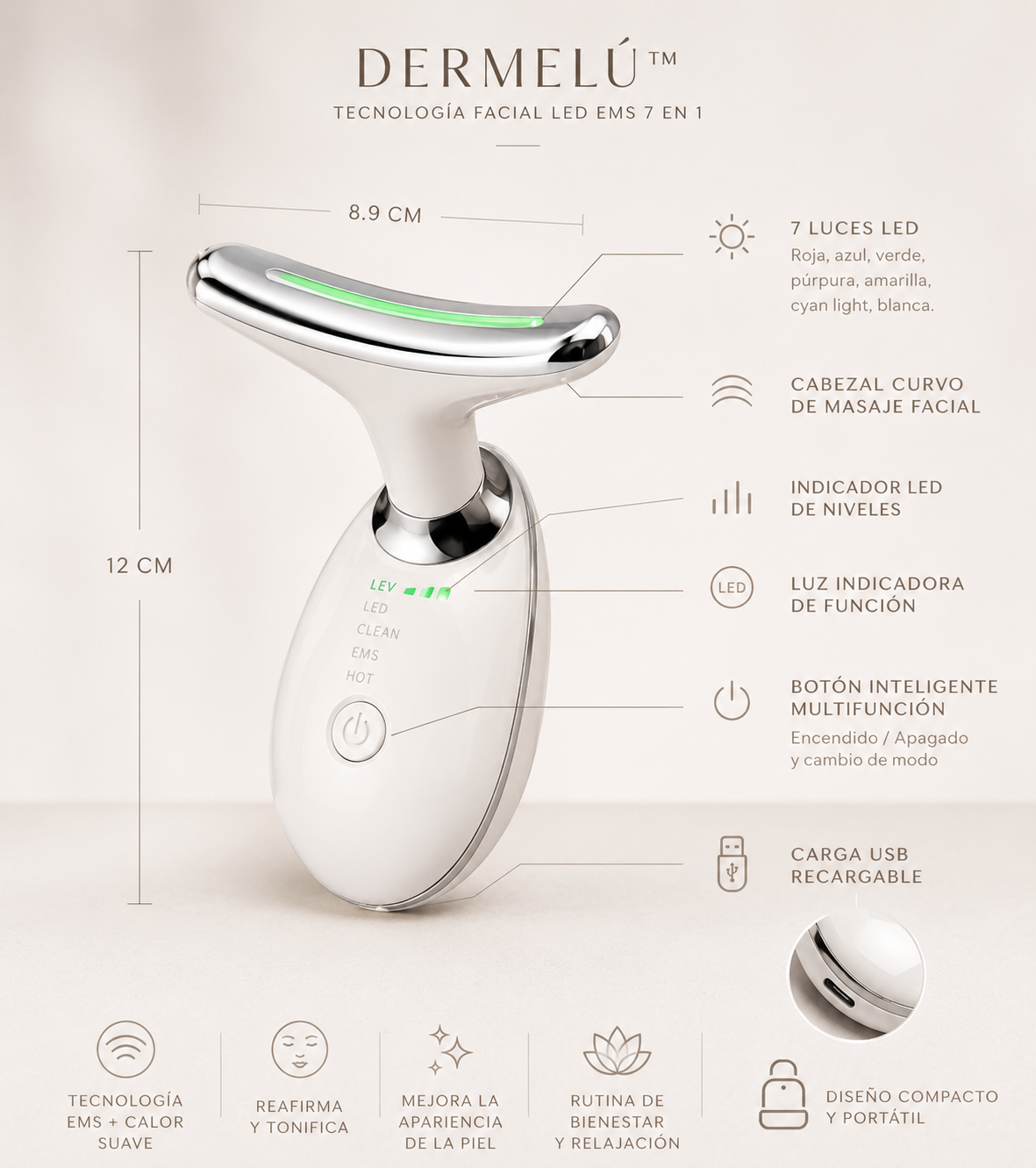 DERMELÚ™ Masajeador Facial LED EMS 7 en 1